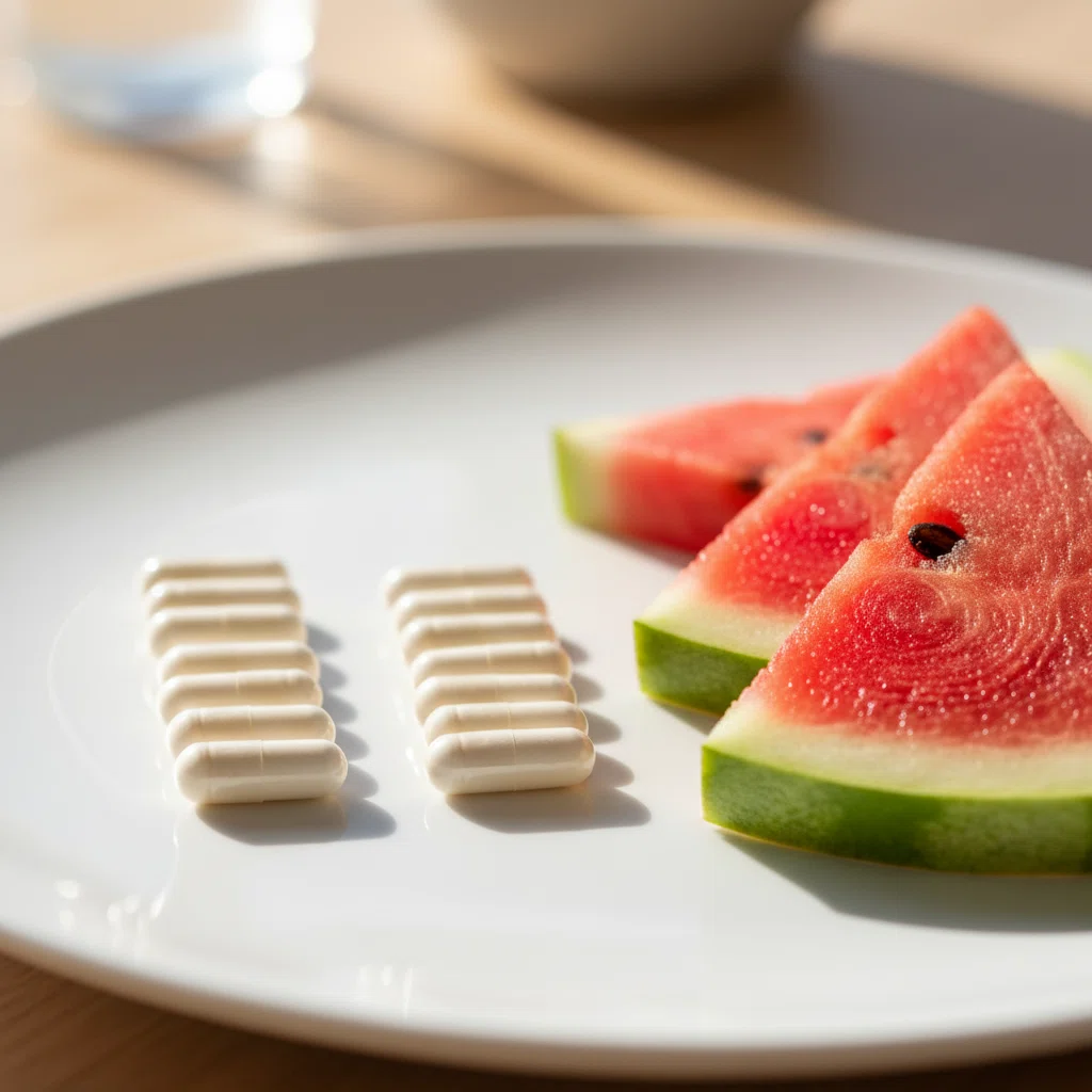 L-arginine supplement for men - capsules and watermelon on white surface